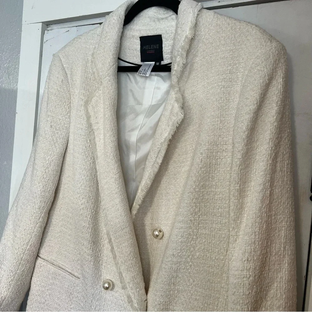 NWT Helene London Tweed Blazer Jacket Double Breasted Fringe Cream Pearl Medium - Picture 6 of 16